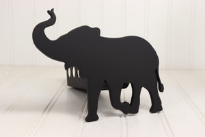 Handcrafted metal elephant hitch cover with detailed design. Powder coated matte black. 